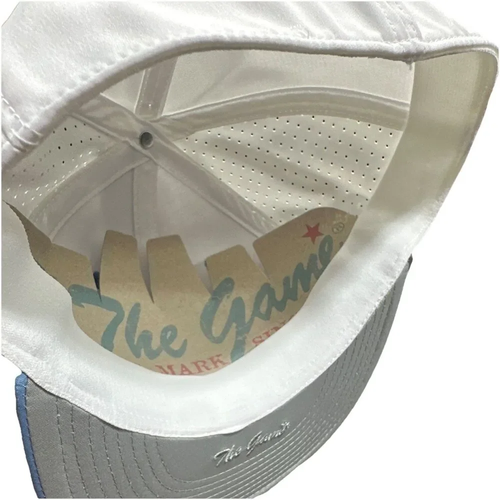 The Game Baseball Cap White Blue Mesh Back Stretch Fit Hat One Size NWT